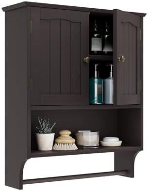 Smuxee Brown Wall Cabinet with Towel Bar - Medicine Cabinet with Adjustable Shelves, Over Toilet Cabinet for Laundry Room Kitchen