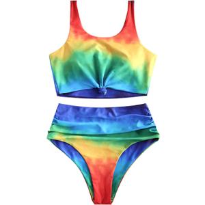 ZAFUL Women's High Waisted Tankini Swimsuit Scoop Neck Ruched Bikini Set Sporty 2 Piece Bathing Suit (Medium, Colourful)