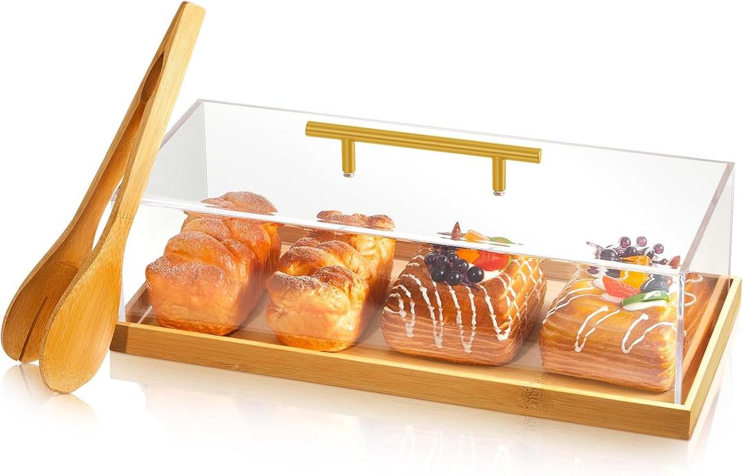 Rectangular Cake Tray with Lid 14" x 6" x 4", Clear Acrylic Cover & Wooden Charcuterie Board, Bakery Display Case with Tong for Bread Pastries Cheese (Bamboo)