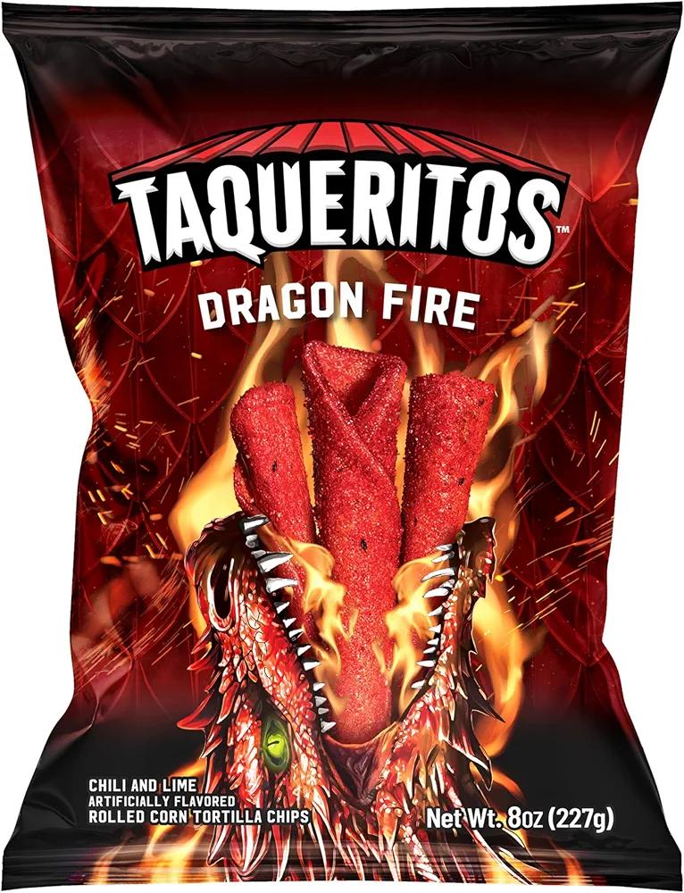 Taqueritos Dragon Fire, Spicy Rolled Corn Tortilla Chips, 8oz (Pack of 12), Best By: December 28 2025