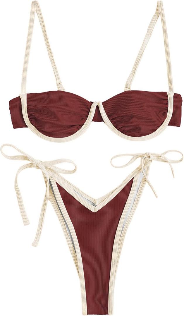 ZAFUL Women's Underwire Bikini Color Block Swimsuit Two Piece String Bikini Set Ribbed Frilled Bathing Suit(2-Brick red,S)