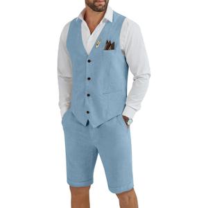 Men's Linen 2 Piece Suit Slim Fit Wedding Groom Groomsmen Summer Vest Shorts Set (Medium, Light Blue)