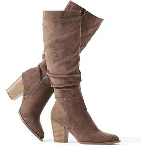 Putu Women's Pointed Toe Knee High Boots Faux Suede Slouch Boots with Chunky Heel, Size 9