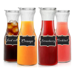 INSETLAN 1 Liter Ribbed Glass Carafe with Lid, Set of 4- Juice Carafe for Mimosa Bar, Brunch,Parties, Beverage Serveware,Cold Brew Coffee, Milk, Iced Tea, Lemonade -Includes 4 Wooden Chalkboards
