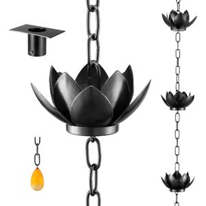 Oak Leaf Rain Chain with Adapter, 8.5ft Adjustable Lotus Rain Catcher Chain for Gutters Outside Downspout, for Divert Water and Home Display, Black Powder Coated