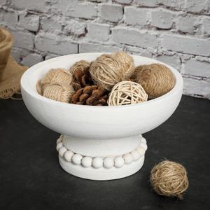 Amyhill Wood Pedestal Decorative Bowl 8 Inch Wooden Distressed Beaded Bowl for Dining Table Centerpiece, Farmhouse, Serving and Home Dcor(White)