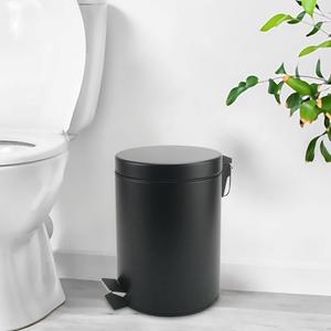 Stainless Steel Small Trash Can with Lid & Step Pedal - 5 Liters/1.3 Gallon Soft Close Waste Basket with Removeable Inner Bucket - Garbage Can for Bathroom, Bedroom, Kitchen & Office (Black) (Round)