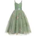 OBEEII Flower Girl Dress for Wedding Pleated V Neck Satin Back Floral Embroidery Tulle Princess Dress Junior Wedding Birthday Pageant Formal Ball Prom Gown Sage Green-Floral 14 Years