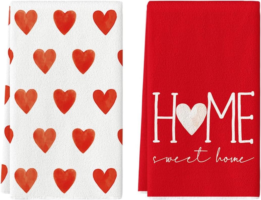 Artoid Mode Red Heart Love Valentine's Kitchen Towels Dish Towels, 18x26 Inch Farmhouse Anniversary Wedding Decoration Hand Towels Set of 2