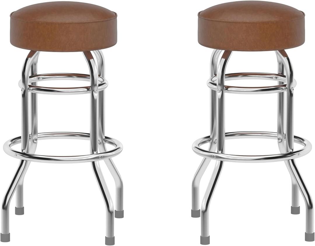 Flash Furniture Bruno 2 Pack Double Ring Chrome Barstool with Weathered Brown Seat (Set of 2)