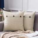 MIULEE Set of 2 Decorative Linen Pillow Covers Farmhouse Vintage with Triple Button Spring Accent Pillows for Couch Sofa Bed Living Room Home Decor 18x18 Inch Beige