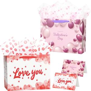 3 x Linelglobal Large Valentine Gift Bag with Wrapping Paper for Women Men, Anniversary Bag 12.6" Heart Love 2 Pack