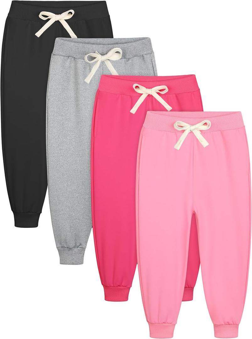 Resinta 4 Pack Toddler Girls Sweatpants Girls Athletic Jogger Pants with Drawstring Pockets Kids Casual Pull On Pants (5-6 Years, Black, Light Grey, Pink, Hot Pink)