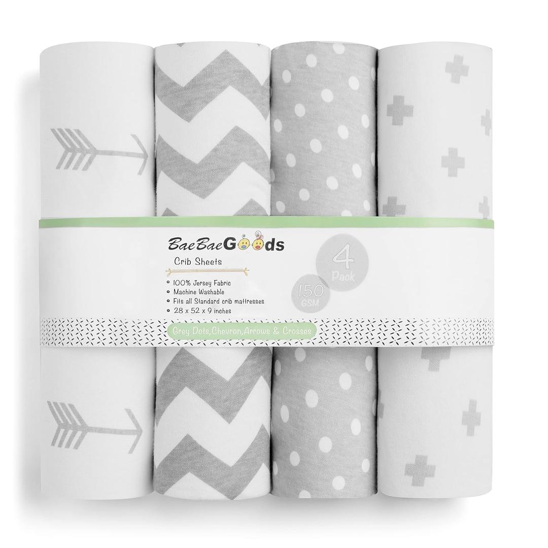 BaeBae Goods Premium Crib Sheets for Baby Boys and Girls, 4 Pack, Soft and Breathable Jersey Knit Fitted Sheet Set, Grey and White, Cute Gender Neutral Nursery Mattress Bedding, Universal Fit 28” x 52” x 9”