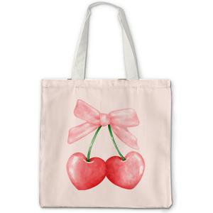 Coquette Tote Bag - Pink Bows Cherry Heart Canvas Tote for Women, Cute Trendy Gift