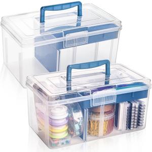 2 Pack Plastic Dividing Storage Box, 2 Layer Multipurpose Craft Organizer and Storage Box with Removable Tray Handle, Portable Art Supply Container for Bead, Tool, Sewing