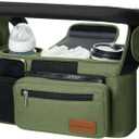 Momcozy Universal Baby Stroller Organizer, 2 Insulated Cup Holder, Detachable Zippered Pocket, Adjustable Shoulder Strap, Large capacity for baby essentials, Compact Design Fits Any Strollers (Green)