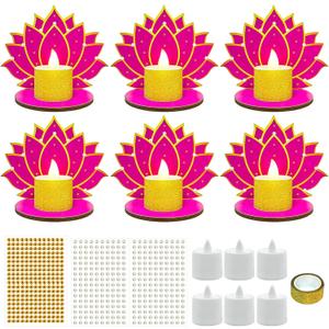 Cinrobiye 6 Set Diwali Lotus Decoration Wooden Lotus Flower Candle Lights Holder Festival of Lights Deepavali Home Decor for Temple Diwali Puja Indian New Year Party Favors Activity Supplies
