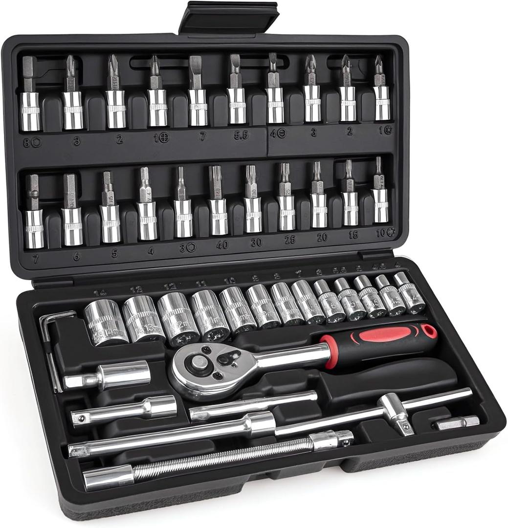46PCS 1/4 Inches Ratchet Socket Wrench Set, Metric Socket Ratchet Wrenches Set, Ratcheting Wrench Tool Sets for Men, Premium Small Car Tool Kit for Automotive, Household Maintenance and Repairs