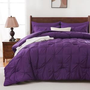 Sheet&Joy Queen Comforter Set, 7-Piece Bed in a Bag, Pintuck Bedding Sets for All Season, Includes Comforter, Flat Sheet, Fitted Sheet, Pillowcases and Pillowshams, Purple