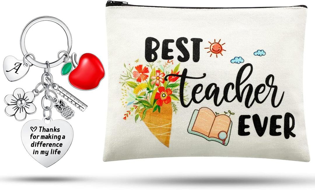 Fumete Teacher Appreciation Gifts Christmas Makeup bag with Initial Letters Keychain Best Teacher Ever Graduation Thank You Gift