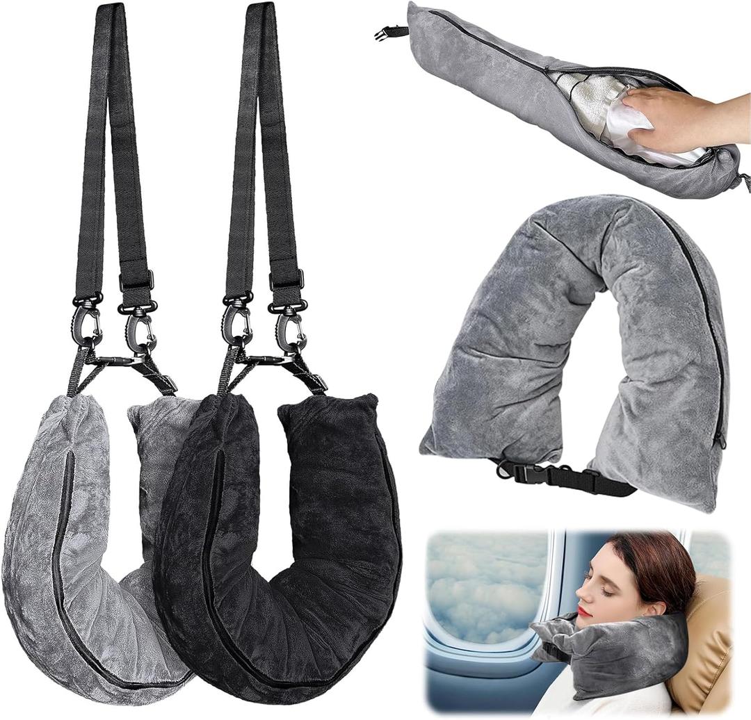 2Pcs Stuffable Travel Pillow, Velvet Travel Neck Pillow Stuffed with Clothes Storage, Fits About 6 T-Shirts Travel Essentials Multifunctional Sleeping Rest Cushion, No Filler (Black and Gray)