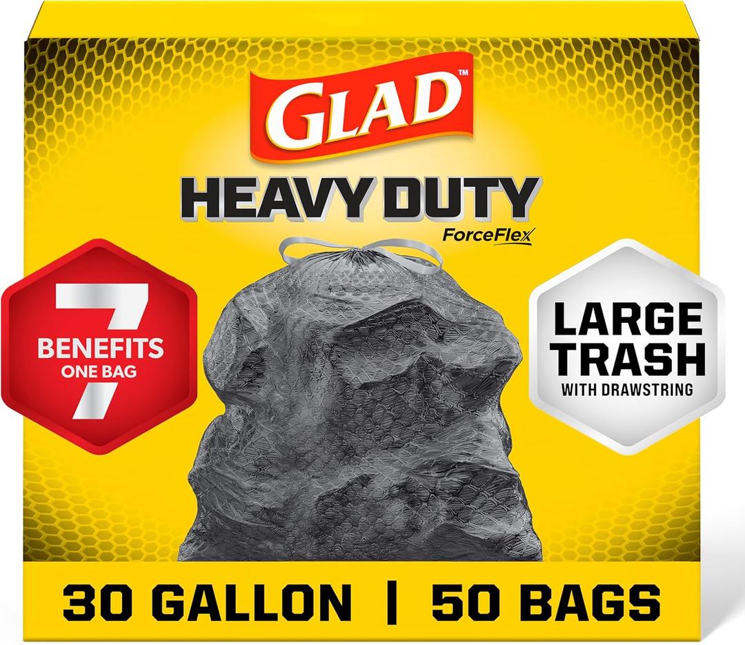 Glad Large 30 Gallon Trash Bags, Unscented Heavy Duty Garbage Bags, Forceflex with Drawstring, 50 Count