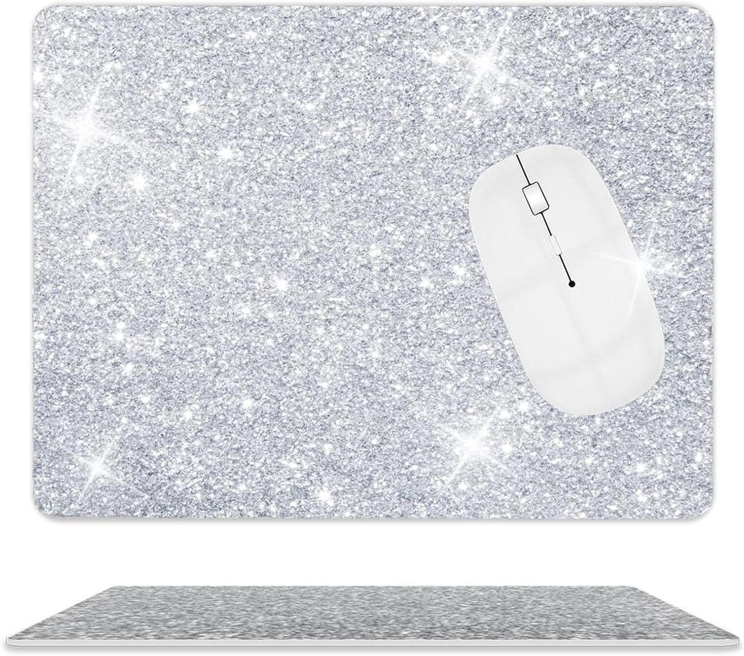 Luxury Glitter Mouse Pad  Silver Diamond Sparkle, Non-Slip Bling Desk Mat for Laptop & Gaming, 9.5x7.9in