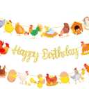 Chicken Birthday Banners 3PCS Party Decorations Glitter Gold Chicken Farm Birthday Party Supplies for Chick Backyard Theme Baby Shower Decorations