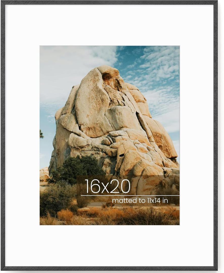 16x20 Picture Frame, Unqiue Brushed Cross-Hatch Aluminum Photo Frame with 11x14 Removable Mat, High Definition Plexiglass and Hanging Kits, Ideal for Vertical and Horizontal for Wall Mounting, Black