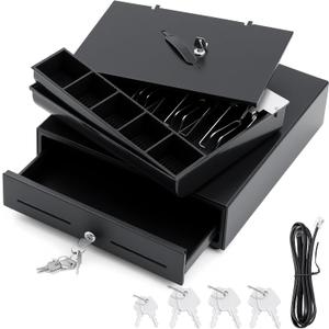 13 Inch Cash Register Drawer with Lockable Cover & Removable Tray, Heavy Duty POS Cash Drawer for Small Business, 4 Bill/5 Coin Slots, RJ11 Receipt Printer Driven & Key Lock, Black