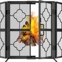Amagabeli 3 Panel Fireplace Screen with Doors 48" W x 28" H Foldable Wrought Iron Heavy Duty Metal Modern Decorative Fireplace Spark Guard Cover Handcrafted Solid Mesh Stand Alone Screen for Fire