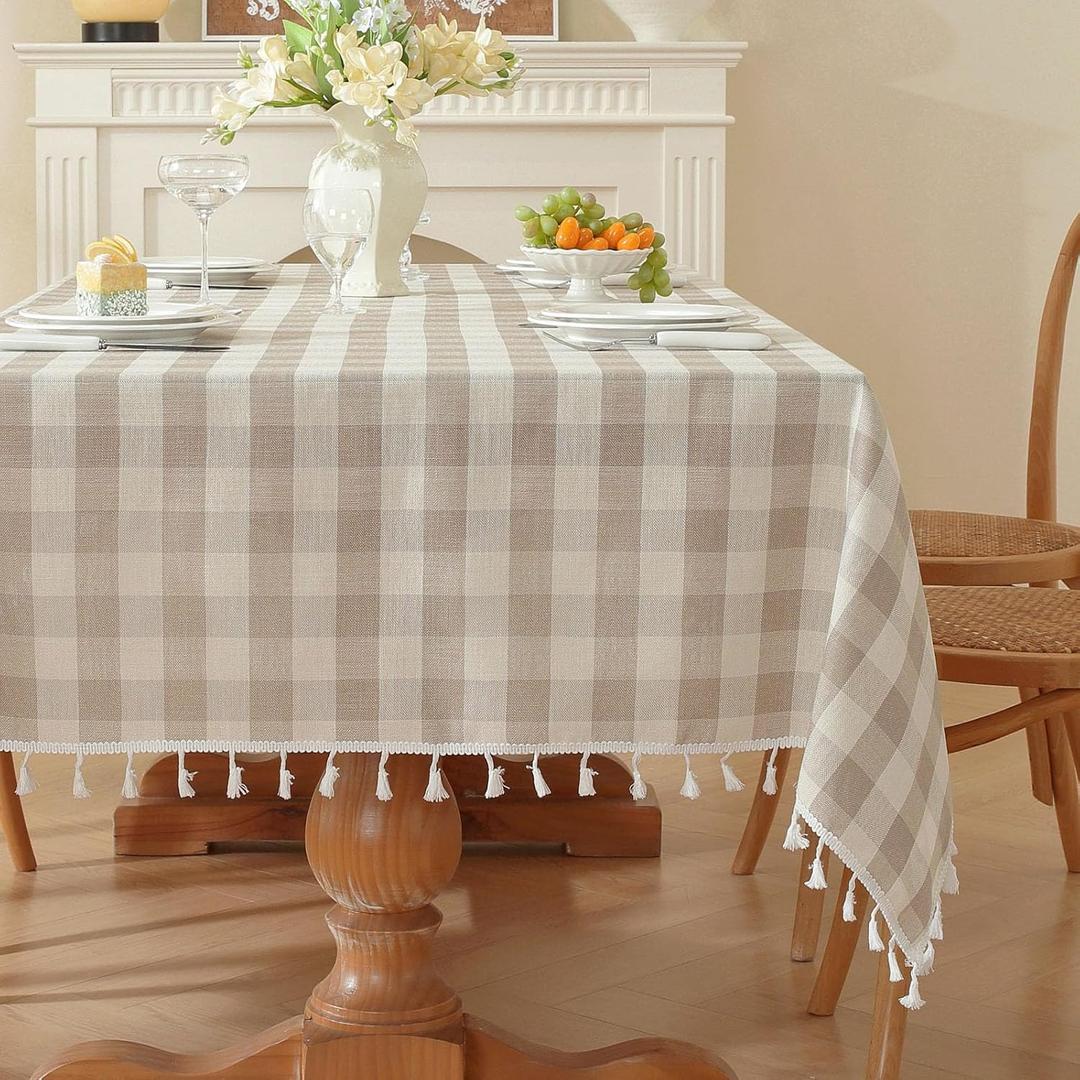 Gingham Tablecloth Rectangular, Tassels Checkered Table Cloth Washable Cotton Linen Plaid Table Cover for Spring Summer Kitchen Dining Party,Beige and White,55x55