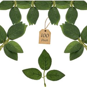 100 Pcs Artificial Flowers Green Leaf Bulk Faux Greenery Silk Fake Rose Leaves Bouquet Garland Wreath Floral Arrangement Supplie DIY Craft (1 Stem with 3 Medium-Leaf Green)