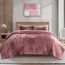 EVERGRACE Velvet Quilt Set King Size, Luxurious Soft Striped Channel Bedding Set, Lightweight Velvet Comforter for All Season, Oversized Bedspread Coverlet with 2 Matching Shams, Pastel Maroon (King/Cal King (104" x 92"))