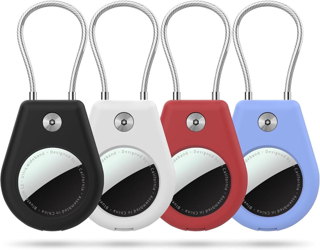 5 x 4 Pack Protect Case Compatible with Apple AirTag (Gen1&2), Secure GPS Tracker Holder with Wire Cable Shockproof & Anti-Theif Suitable for Keychain, Keys, Luggage, Bags and Kids (4 Black/Red/White/Blue)