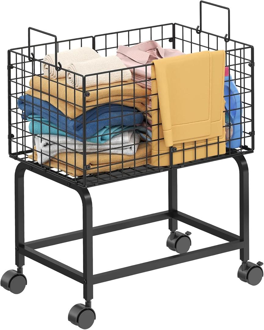 Wire Laundry Hamper Cart, Rolling Laundry Carts with Pull Handle, Black Tall Laundry Basket, Commercial Wire Laundry Hamper Cart-23.6 * 15.75 * 28 inches
