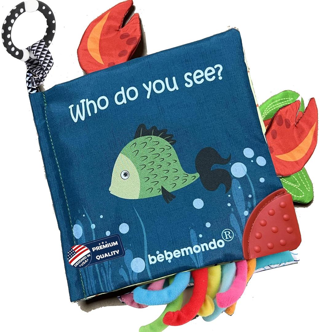 Fish Baby Book 0-6 Months,Touch Feel Cloth Crinkle Books for Babies,Infant Baby Toys 6-12 Months,Learning Education Soft Sensory Mirror Toy,Shower Gifts Easter for Boys Girls-Teether (Sea Animal with teether)