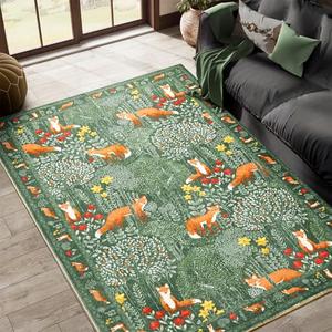Cute Aesthetic Bedroom Rug, Ultra Thin Vintage Abstract 6×9 Carpet Washable, Boho Floral Botanical Area Rug for Living Room Entryway Kitchen Dorm, Green Woodland Forest Nature Kids Rug Nursery Carpet