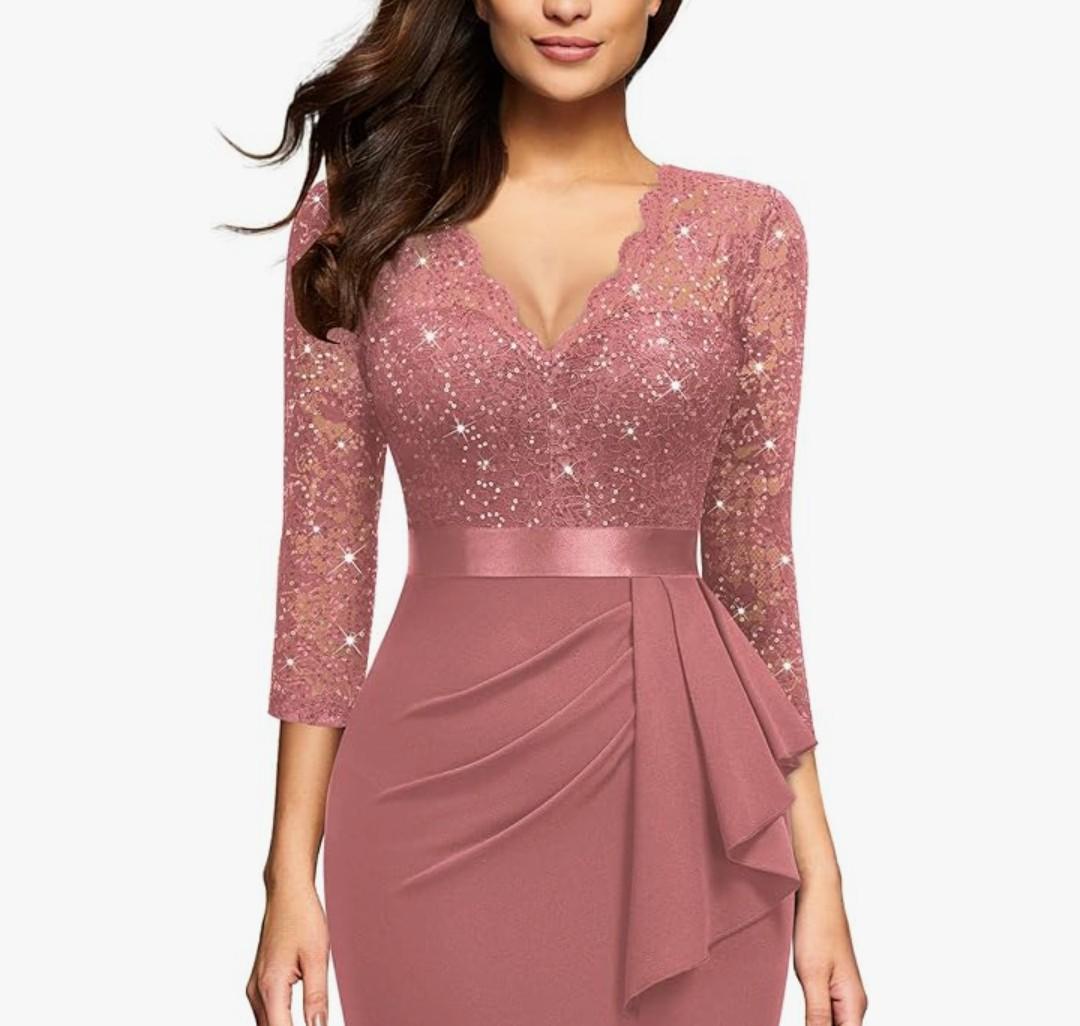 Miusol Women's Retro V Neck Floral Lace Ruffle Style Cocktail Party Dress L