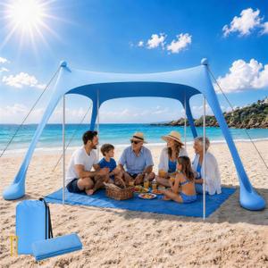 Beach Tent Sun Shelter, UPF50+ Beach Canopy with Beach Mat, 10x10FT Beach Shade, Sun Canopy with Carry Bag, Windproof Rope, for Camping Trips, Fishing, Backyard Fun Picnics, Sky Blue