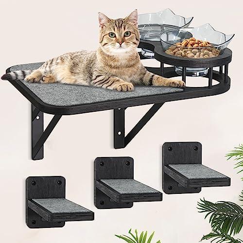 Cat Hammock Wall Shelves with 3 Steps, Cat Scratching Post Hammock and Perches with 2 Food Bowls, Wood Bed Furniture, Cat Scratching Post Shelf