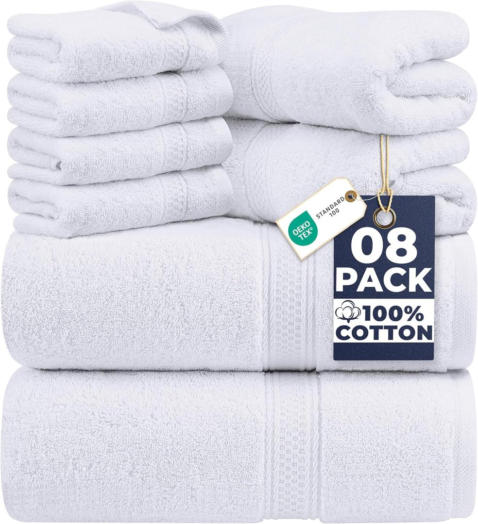 Utopia Towels 8 Piece Luxury Towel Set  Majestic Plush, Super Absorbent & Quicker-to-Dry, Thick 100% Ring Spun Cotton Towels for Bathroom, Spa & Hotel  2 Bath, 2 Hand, 4 Washcloths, White