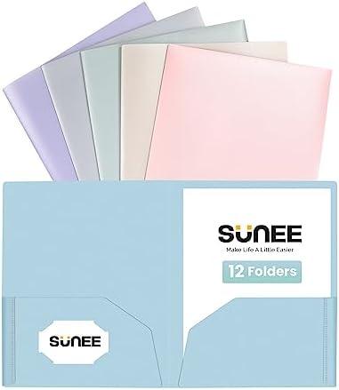 SUNEE 2 Pocket Folders (12 Pack, Pastel Colors) Heavy-Duty Plastic Folders with Pockets, Fit 8.5x11 Letter Size Paper, 2-Pocket File Folders for Kids, Home, School, Office