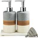Ceramic Soap Dispenser Set(2 Pack)  Hand Soap, Dish Soap, Shampoo & Shower Soap Dispenser for Bathroom & Kitchen, Stainless Steel Pump, Includes Silicone Funnel & Diatomaceous Tray, Gray
