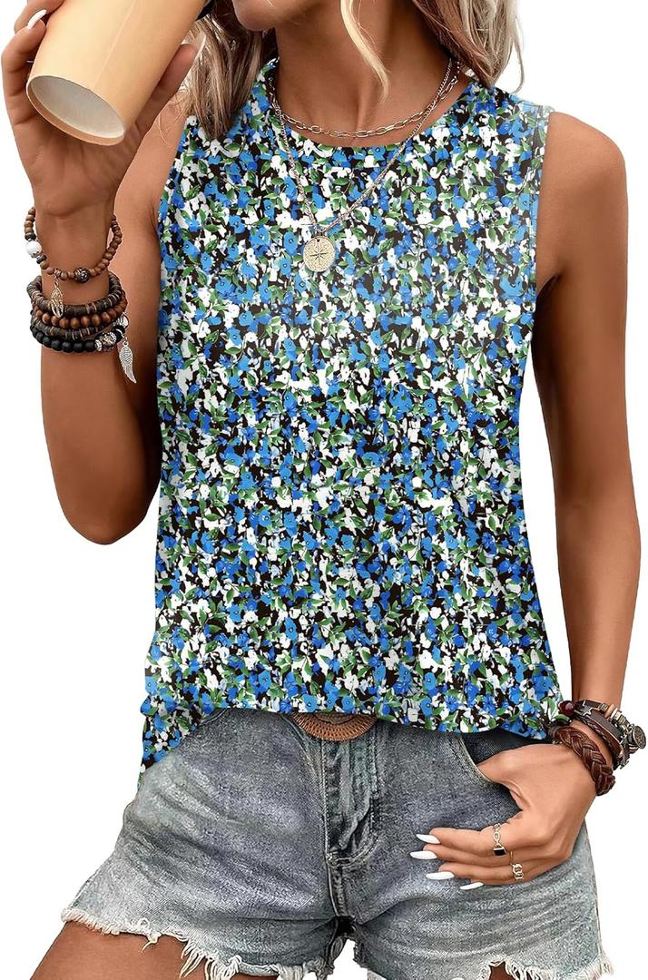 SAMPEEL Womens Tank Tops Eyelet Loose Casual Summer Tops Crew Neck Basic Sleeveless Shirts Trendy 2025 (Medium, Print-blue)
