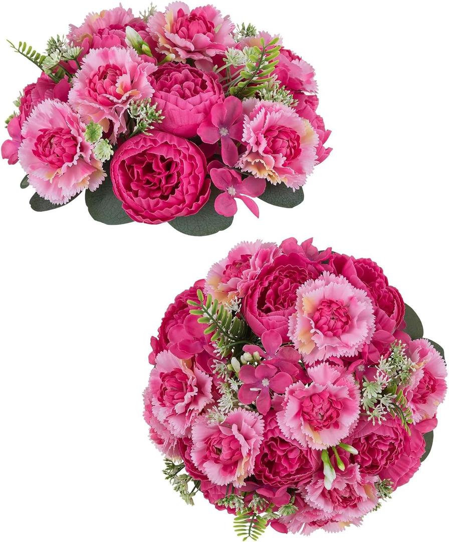 BLOSMON Peony Artificial Flowers Ball: 2pc 9.5 Inch Hot Pink Floral Arrangement for Centerpieces - Easy to Use Wedding Dinning Table Decoration - Fake Silk Peony Kissing Ball Home Party Decor