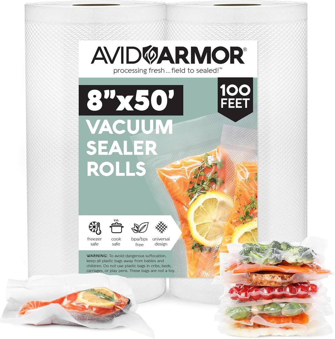 Avid Armor Vacuum Seal Rolls, Vac Seal Bags for Food Storage, Meal Saver Freezer Vacuum Sealer Bags, Sous Vide Bags Vacuum Sealer, Non-BPA Vacuum Sealer Bags, 8 inches by 50 feet, Pack of 2