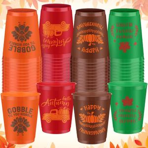 Soaoo 60 Pcs Thanksgiving Plastic Cups 16 oz Orange Cups Fall Stadium Cups Happy Autumn Drinking Cups Disposable Cups for Thanksgiving Party Supplies Liquor Coffee Juice Cold Beverage