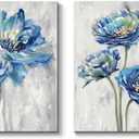 TAR TAR STUDIO Blue Flower Artwork Canvas Picture: Floral Painting Bloom Wall Art Print on Canvas for Dining Room (11''W x 16''H x 2 PCS, Multiple Sizes/Material)